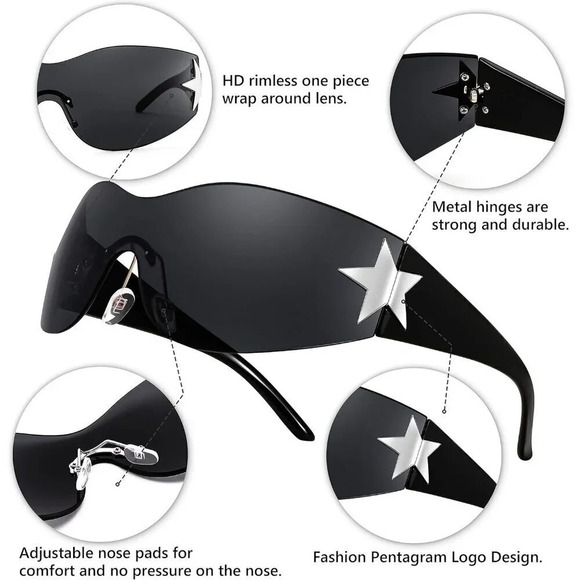 ❤️Women Black Sunglasses Men Fashion Wrap Around Frameless  Eyewear - Picture 6 of 7